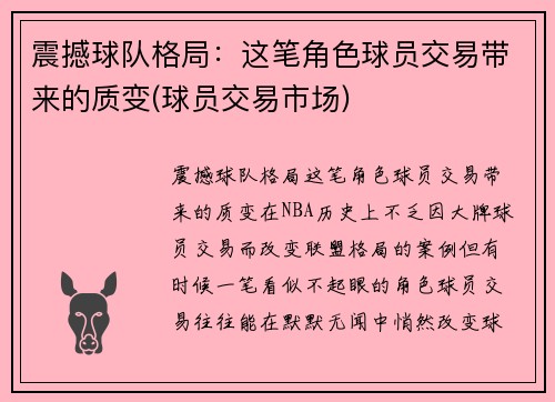 震撼球队格局：这笔角色球员交易带来的质变(球员交易市场)